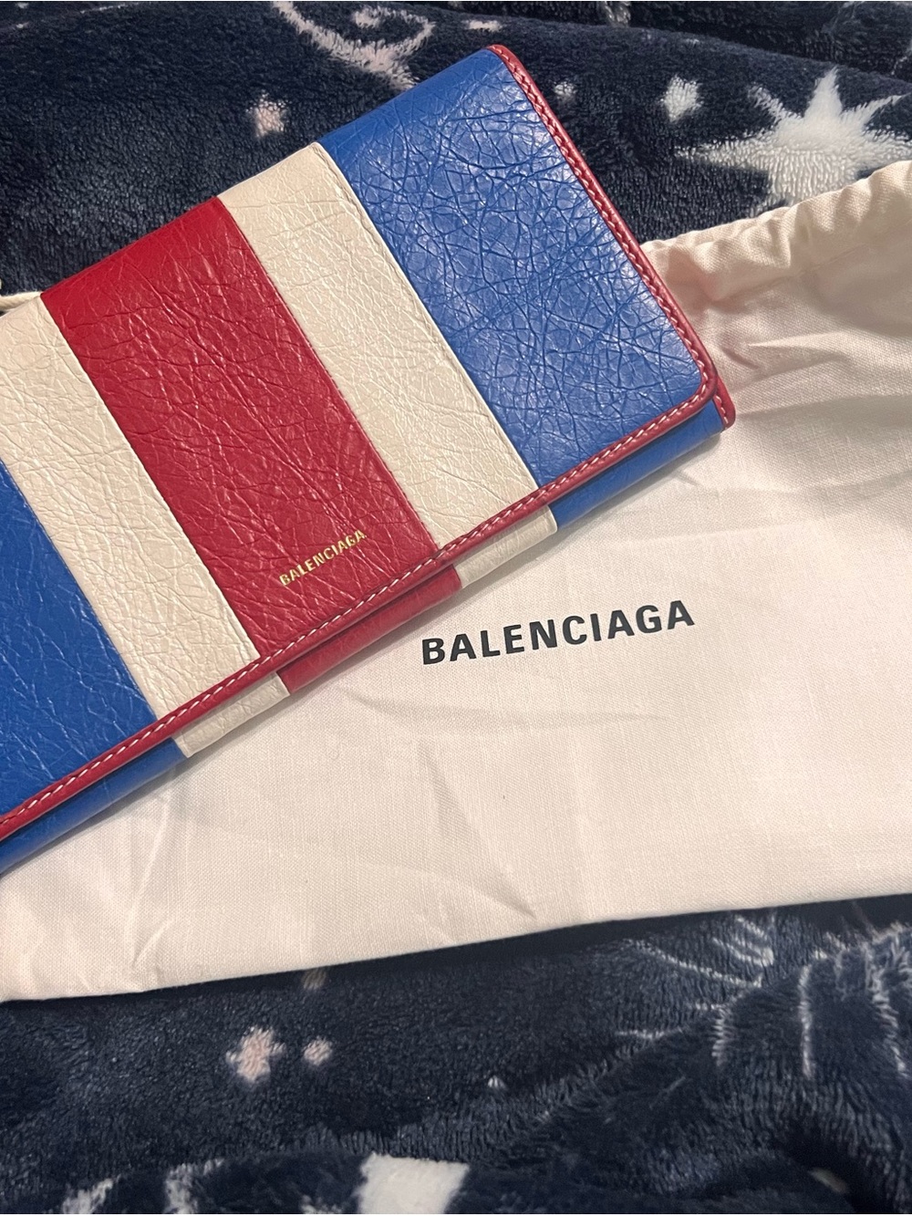 Balenciaga Red, White & Blue Striped Wallet with Gold Logo